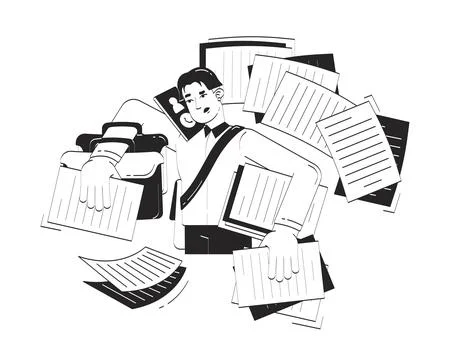 Asian businessman dealing with multiple tasks doodle line illustration concep Ilustração Stock