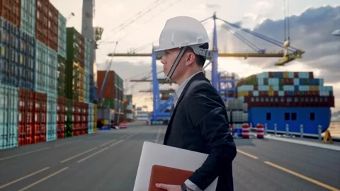 Asian Businessman Holding Computer While Walking at Port Ship Stock Footage 318816869