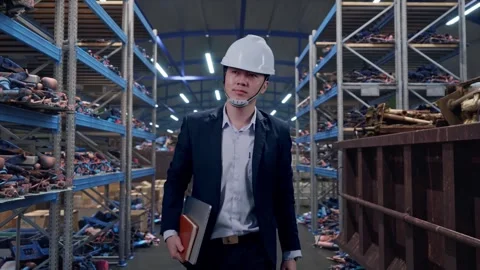 Asian Businessman Holding Computer While Walking at Scrap Warehouse Stock Footage 319834176