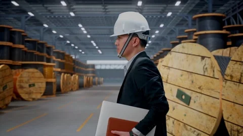 Asian Businessman Holding Computer While Walking with Cable Coils Stock Footage 323926815