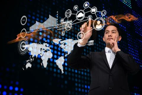 Asian businessman pointing to interface with map and icons 스톡 일러스트