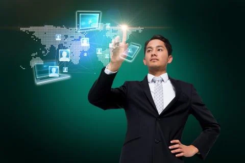 Asian businessman pointing to map interface 스톡 일러스트
