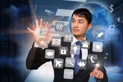 Asian businessman touching app interface Stock Illustration