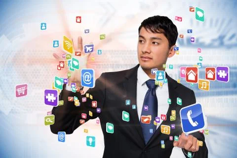 Asian businessman touching app interface Illustrazione stock
