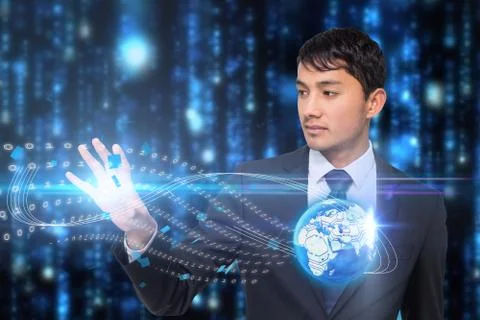 Asian businessman touching binary code with earth Illustrazione stock