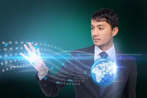 Asian businessman touching binary code with earth Stock Illustration