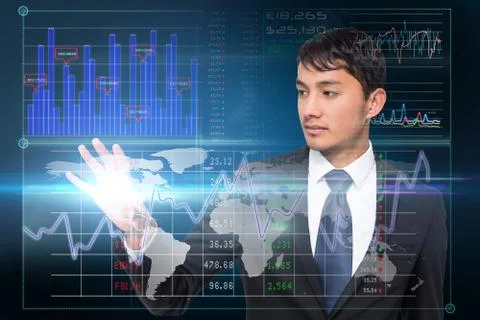Asian businessman touching data interface Stock Illustration