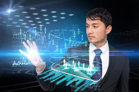 Asian businessman touching data interface Illustrazione stock