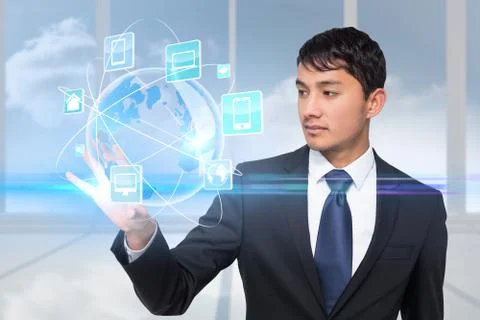 Asian businessman touching global interface Stock Illustration