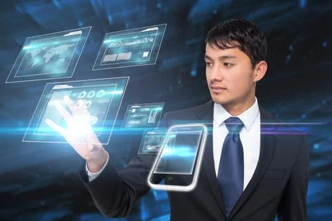 Asian businessman touching interfaces Illustrazione stock