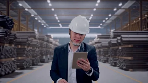 Asian Businessman Use Tablet While Walking with Rods Steel Stock Footage 324501075