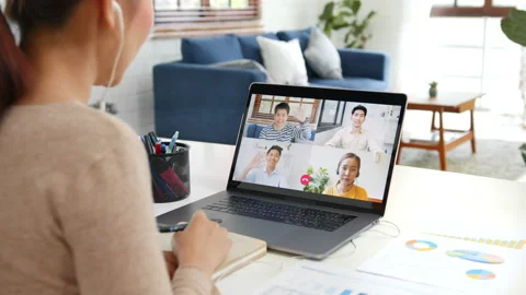 Asian businesswoman work at home and virtual video call conference meeting Stock Footage
