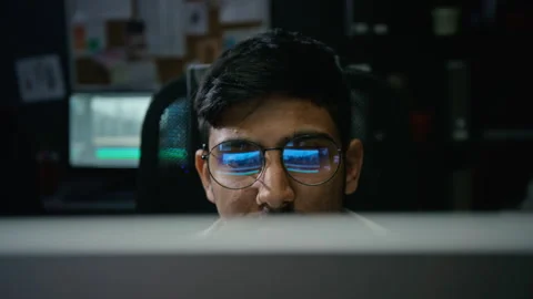 Asian Cgi Specialist Working on Computer Graphics in Dark Office Stock Footage 348350828
