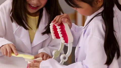Asian Children in Lab Coats Learning Dental Hygiene with Tooth Model Stock Footage 341667654