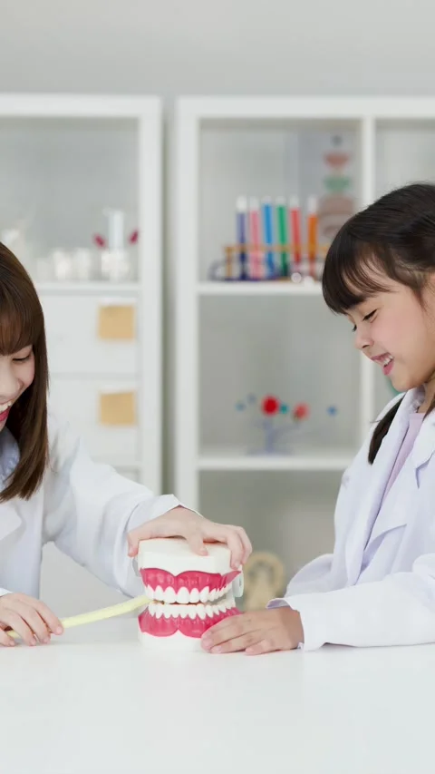 Asian Children in Lab Coats Learning Dental Hygiene with Tooth Model Stock Footage 346442669