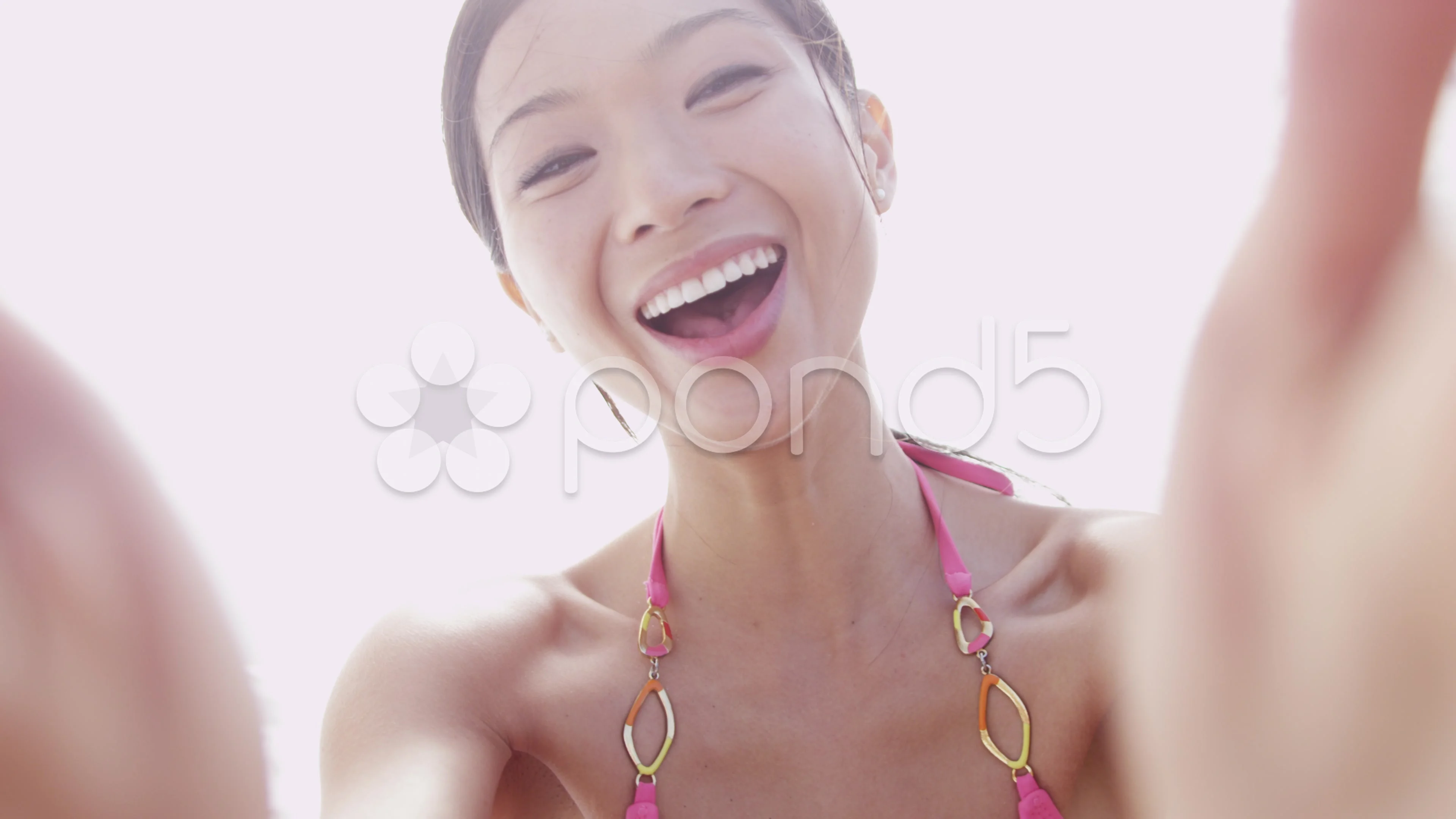 Asian Chinese Tourism Girl in Bikini Paradise Beach Close Up