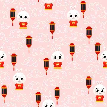 Asian cloud and cute rabbit in national costume, lanterns seamless pattern on 스톡 일러스트