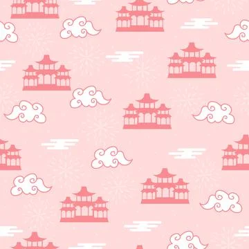 Asian cloud and temple seamless pattern on pink background for wallpaper or p Stock Illustration