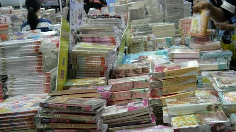 Asian comic books in book fair Stock Footage 237801461