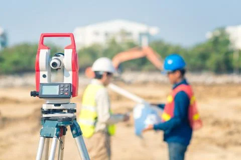 Asian construction engineer checking construction drawing Foto stock