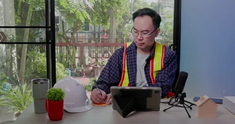 Asian construction engineer have video call meeting with team to design home str Stock Footage 163533292