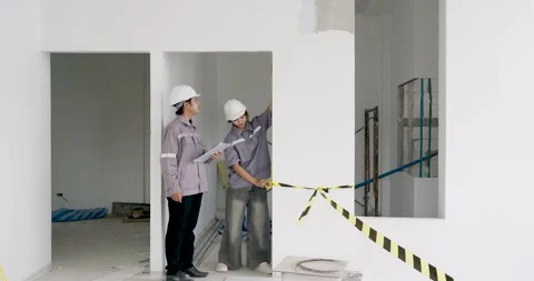 Asian construction inspection team in hard hat checks unfinished indoor wall, Stock Footage 338221655