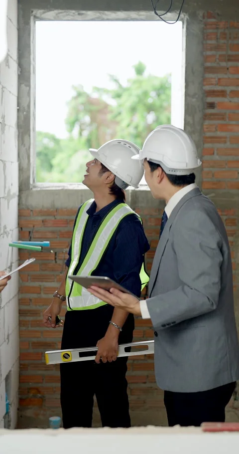 Asian construction manager uses tablet during indoor site meeting, male Stock Footage 342238555