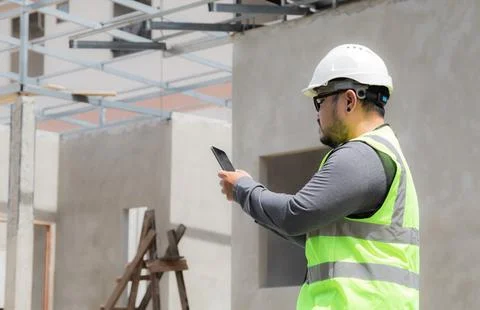 Asian construction project foreman with beard inspects construction site us.. 写真素材