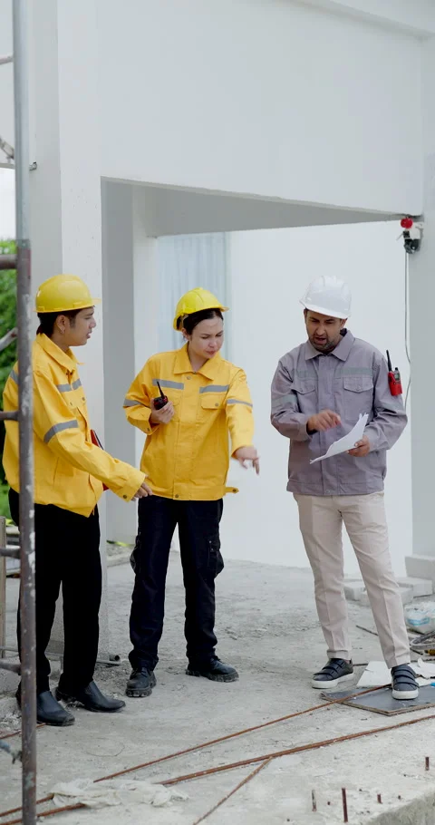 Asian construction team stands inside unfinished building, female engineer Stock Footage 339831207