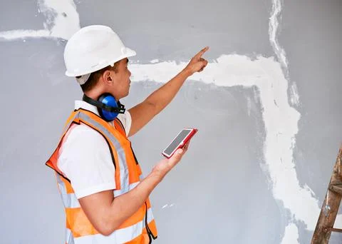 An Asian construction worker points to crack repairs and evaluates with tablet Stock Photos