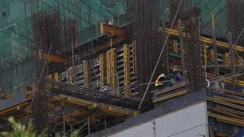 Asian Construction Workers Building Skyscraper Trade Steel Concrete Stock Footage 165291349