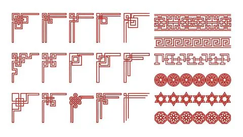 Asian Corner Ornaments Decorative Borders Geometric Pattern Design Set Stock Illustration