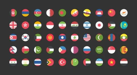 Asian countries flags round web buttons in flat. Vector EPS 10 Stock Illustration