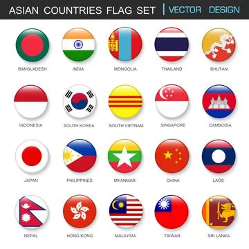 Asian Countries flags  set and members in botton stlye,vector design element  Stock Illustration