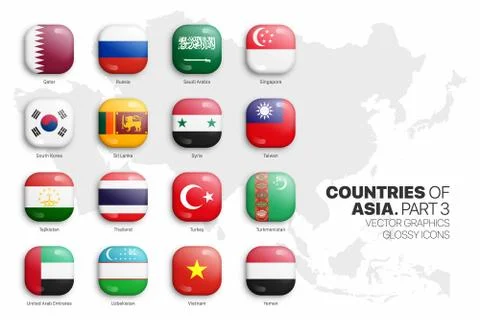 Asian Countries Flags Vector 3D Glossy Icons Set On White Background Part 3 Stock Illustration