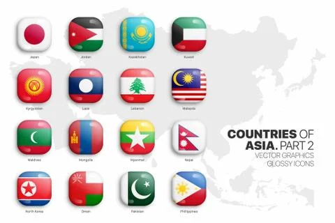 Asian Countries Flags Vector 3D Glossy Icons Set On White Background Part 2 イラスト素材