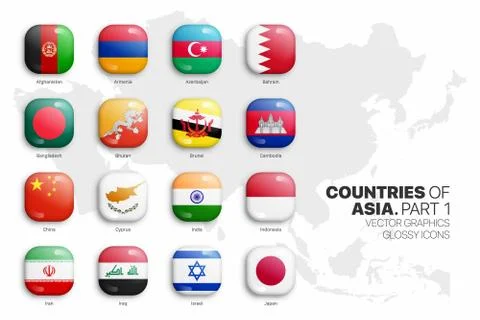 Asian Countries Flags Vector 3D Glossy Icons Set On White Background Part 1 Stock Illustration