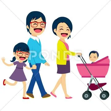 Asian Couple Pushing Stroller Stock Illustrationen