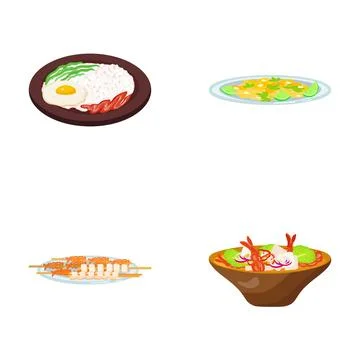 Asian cuisine set featuring rice, soup, and skewers Illustrazione stock