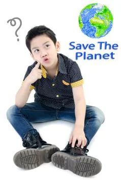 Asian cute boy isolate on white background , save the world concept . Stock Illustration