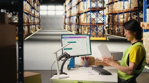 Asian depot worker processing orders and awb tracking numbers Foto stock