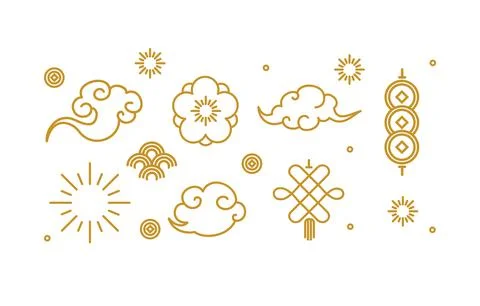 Asian Design Element Thin Line Set. Vector Stock Illustration