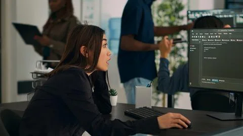 Asian developer coding html script information on computer at desk Stock Photos