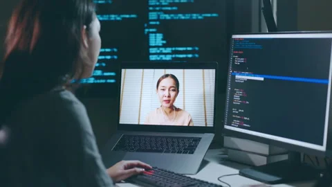 Asian developer programmer, software engineer, video call working with team Stock Footage 221106245