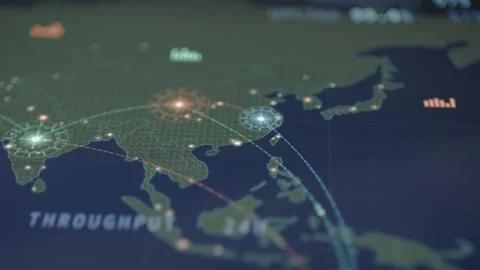 Asian digital map highlights multiple illuminated infrastructure nodes Stock Footage 342486071