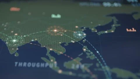 Asian digital map highlights multiple illuminated infrastructure nodes 스톡 사진