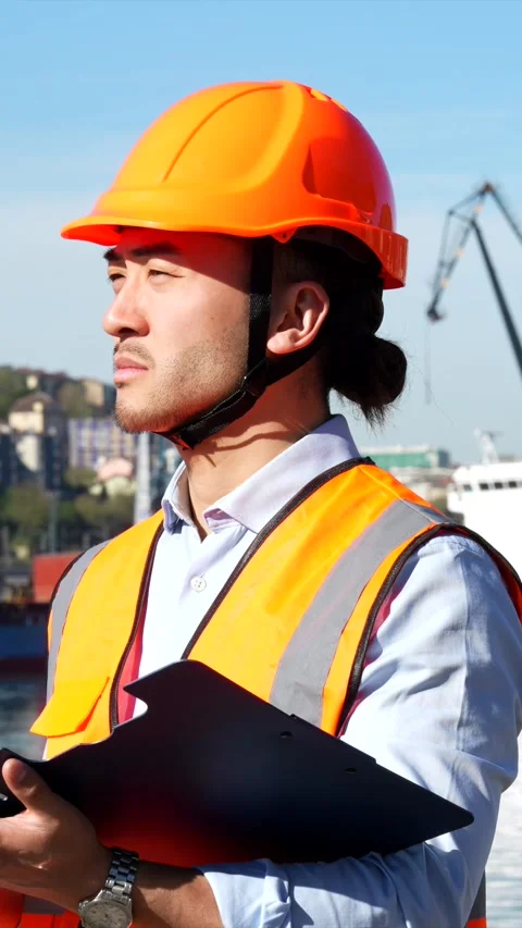 Asian dock worker inspecting cargo shipment at the port Stock Footage 333731488