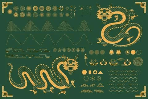 Asian dragon oriental gold elements collection Stock Illustration