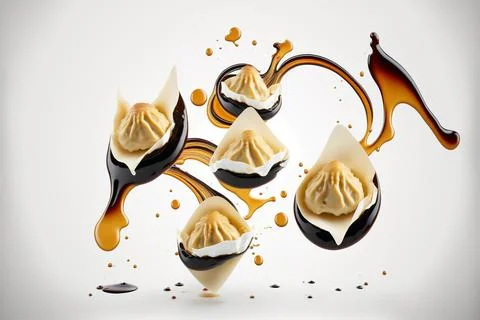 Asian dumplings in the air over a white background. levitated food. Conceptual Stock Illustration