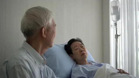 Asian elderly old couple take care husband visit wife at hospital in bad cond Stock Footage 201743326